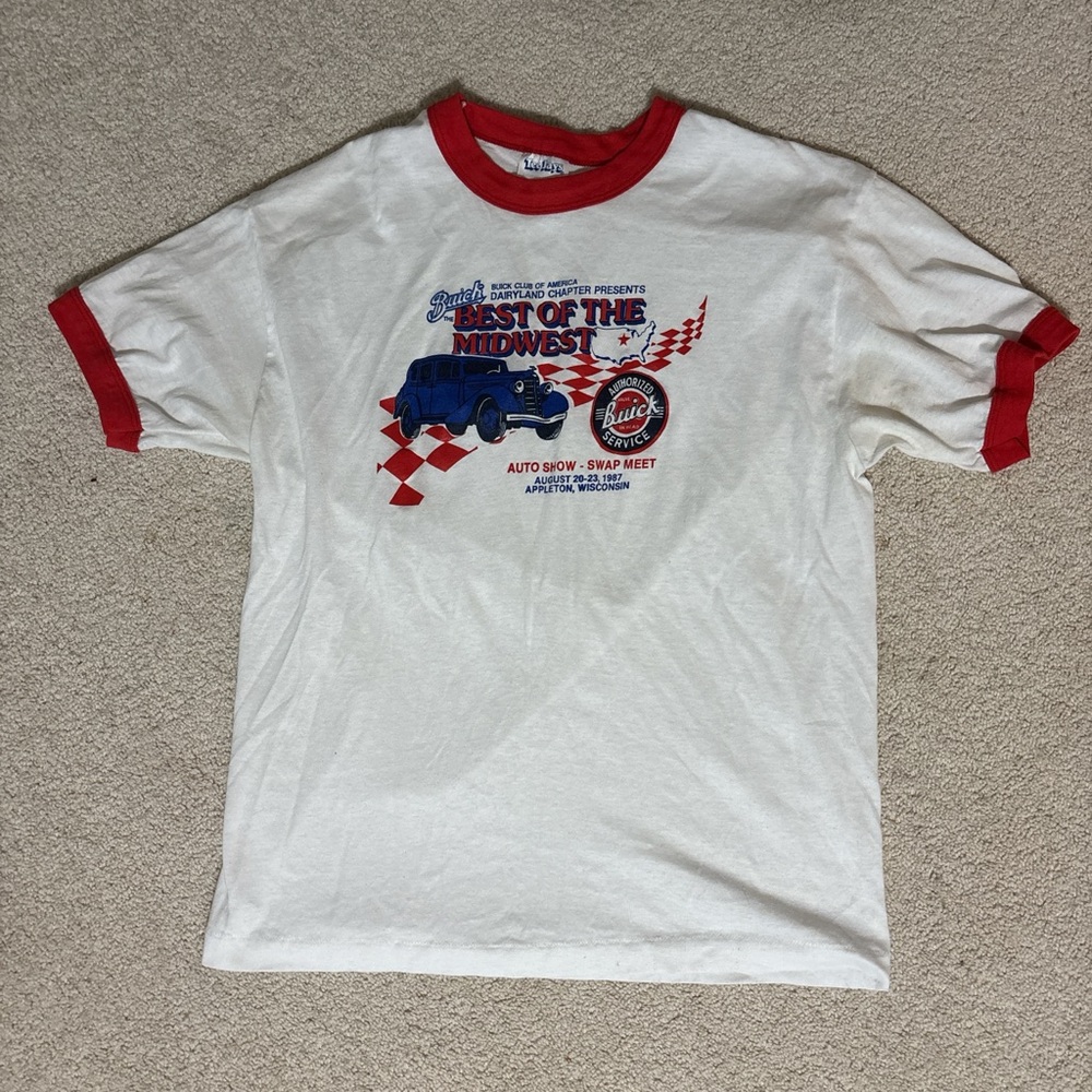 White and Red Short Sleeve Ringer Tee with Vintage Graphic